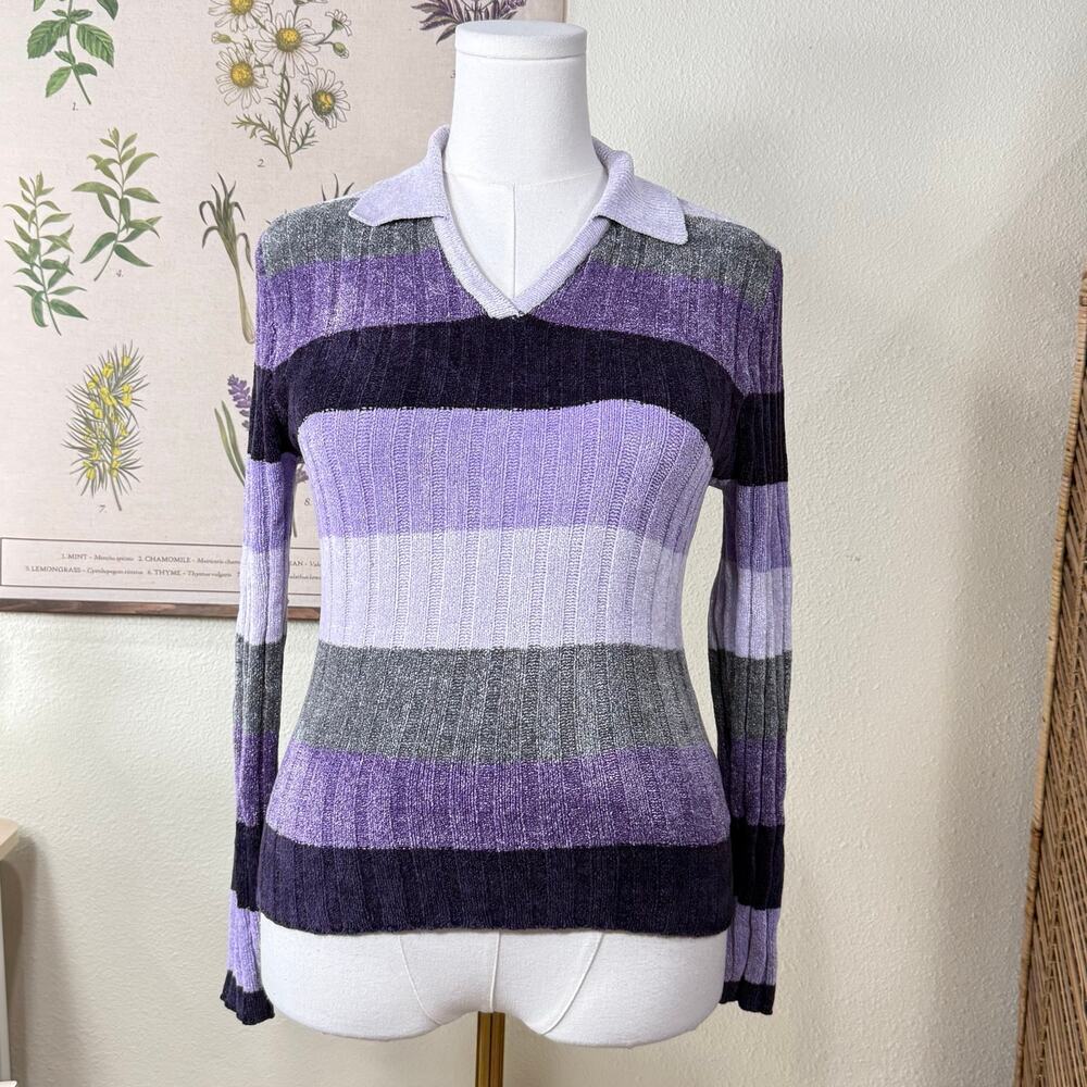 90s Y2k Collared Chenille Ribbed Striped Sweater Whimsy Twee Whimsigoth Retro L
